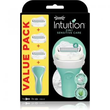 Wilkinson Intuition 2 In 1 Sensitive Care Maquinilla Depilatoria y Enjabonadora Hidratante con Bandas Protectoras de Aloe, Vitamina E y Vitamina B5 + 3 Recambios de Cuch