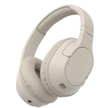 Auriculares Belkin SoundForm Surround inalámbricos Bluetooth con micrófono, cancelación de ruido, USB-C y 60h de autonomía, color arena