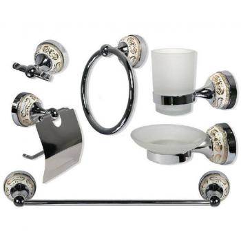 Set de Baño 6 Piezas Acero Vidrio Cerámica Decoraciones Doradas Portarollos