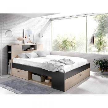 Cama con cabecero con compartimentos y cajones - 140 x 190 cm - Color: natural y antracita + Somier - LEANDRE