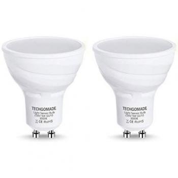 2 X Techgomade GU10 Bombillas LED de Atardecer a Amanecer, Bombillas del sensor de luz, 5W, Equivalente de bombilla halógena 40W, 380LM, blanco cálido 3000K, Ángulo de vista de 120 grados