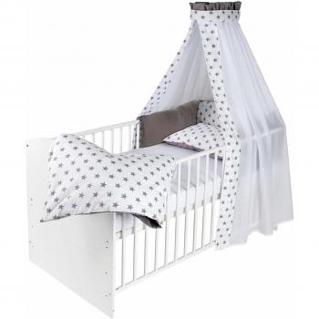 Cuna Completa Clásica Blanca con Estrellas Grandes Grises 70 cm x 140 cm, Set de 4 Piezas, Incluye Colchón y Accesorios