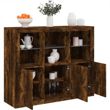Aparador con luz LED 3 piezas de madera de ingeniería en color roble ahumado, mueble de almacenaje moderno para salón, incluye armarios con puertas y cajón de madera