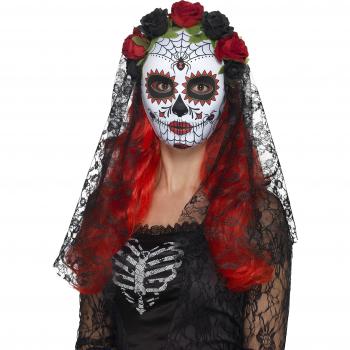 Smiffys-44639 Máscara de señorita del día de Muertos, Cara Completa, con Rosas, Color Rojo y Negro, Tamaño único