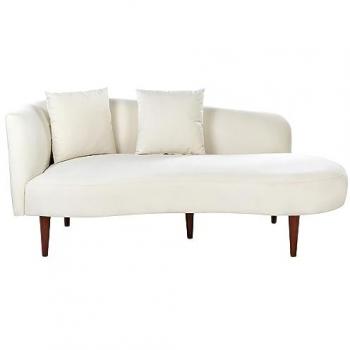 Chaise Lounge de Terciopelo Blanco Crema con Cojines Extras y Estructura de Madera Oscura, Lado Izquierdo, Diseño Moderno