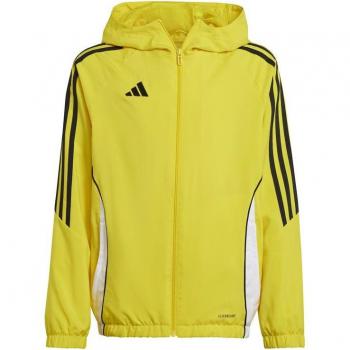 Cortavientos de fútbol Adidas Tiro24 infantil amarillo con diseño ligero, tejido resistente al viento, cierre frontal completo, capucha ajustable, bolsillos laterales con cremallera y logotipo de Adidas