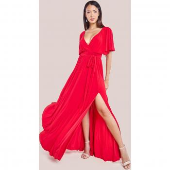 Red Flutter Sleeve Maxi Dress with Wrap Front - Size 10 UK