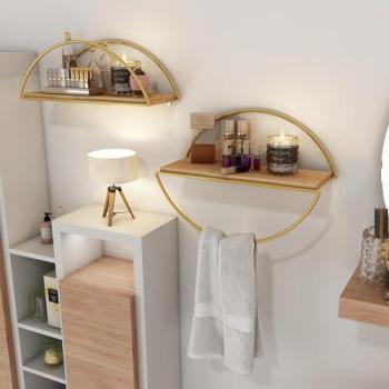Estante de Pared Mynämäki con Arco Capovolto y Portasalviette, Metal y Madera de Pino, 39 x 16 x 17 cm, Color Dorado