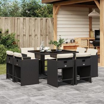 9 Piece Black Poly Rattan Garden Dining Set with Cushions