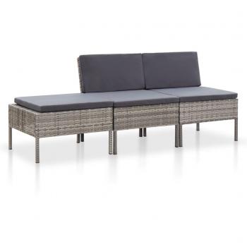 vidaXL Set de muebles de jardín 3 pzas y cojines ratán sintético gris