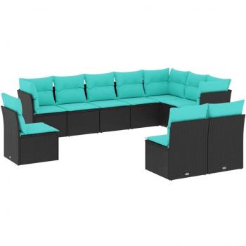 10-Piece Black Poly Rattan Garden Sofa Set with Cushions