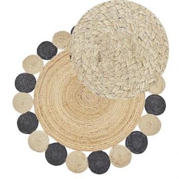 Alfombra Redonda de Yute Natural Negro Ø 140 cm Trenzada para Sala de Estar Boho Rústica