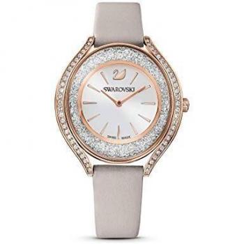 Swarovski Crystalline Aura watch, Leather strap, Gray, Rose-gold tone PVD