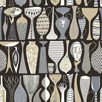 Stig Lindberg 1758 – Papel pintado diferentes Jarrones en gris, beige, azul grisáceo y blanco en color negro mate