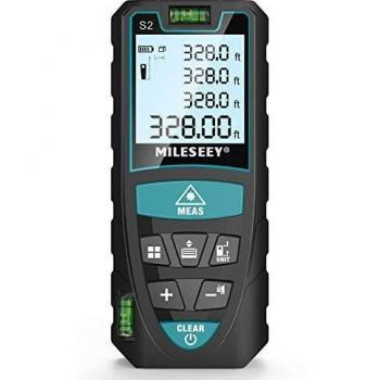 Medidor Laser de Distancia 100M, Mileseey Metro Laser IP54 con 2 Niveles de Burbuja, Medidor de Distancia Digital Portátil con Telémetro Láser con Pantalla LCD de 4 Líneas
