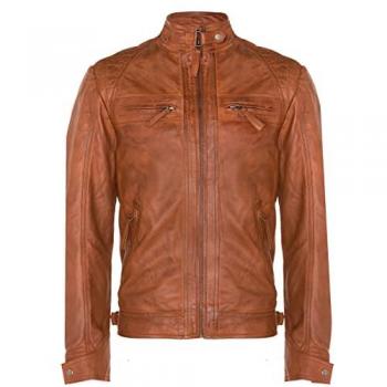 Infinity Leather Men's Vintage Quilted Biker Jacket - Monaco - Tan - Size Medium
