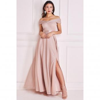 Goddiva Bardot Pleated Skirt Maxi - Champagne