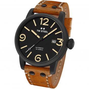TW Steel Maverick Men Automatic Watch with Black Dial Analogue Display and Brown Leather Strap MS36