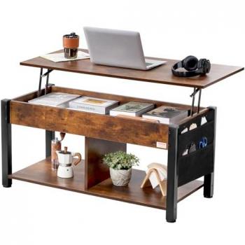 Mesa de Centro Elevable Rectangular VEVOR de 41,7 pulgadas con Bolsillos de Almacenamiento Adicionales y Capacidad de 50 kg, Desplegable para Salón, Marrón