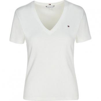 Camiseta Tommy Hilfiger Slim Fit con Cuello en V y Logo Bordado para Mujer, Color Blanco, Talla S