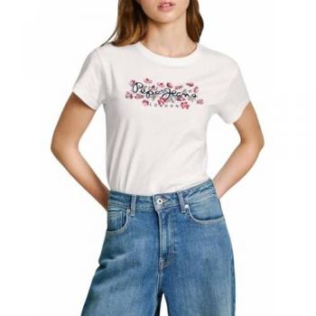 Pepe Jeans Ginny Women's Short Sleeve Floral Logo T-Shirt in White, Regular Fit