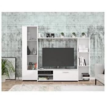 Mueble TV de Pared PILVI - Melamina Partículas Blanco Mate - 220 x 41 x 177,5 cm - Puerta Cristal + 1 Solapa + 5 Nichos