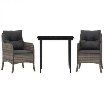 3-Piece Grey Poly Rattan Garden Dining Set with Cushions