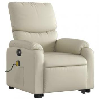 Sillón de masaje elevable eléctrico cuero sintético crema con respaldo, reposabrazos, asiento ajustable y diseño orejero