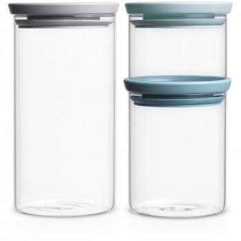 Brabantia 298325 - Tarros de cristal apilables, 0.3 L/ 0.6 L/ 1.1 L, juego de 3, tapa gris claro/ gris oscuro/ verde menta