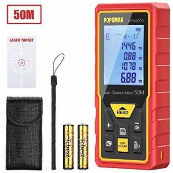 POPOMAN Telémetro láser 50m, Decoracion interior, Medidor láser LCD-pantalla, 30 Datos, Sensor de ángulo electrónico y Función de silencio, m/in/ft/ft+in, Pitagórico, Distancia, Área Volumen - MTM100A