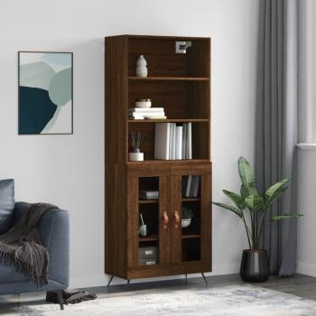 Aparador alto de madera contrachapada marrón roble 69,5x34x180 cm con 2 puertas de cristal, mueble de almacenaje para salón, buffet y armario auxiliar