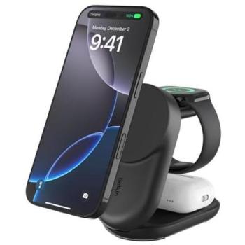 Cargador inalámbrico Belkin UltraCharge 25W Qi2 3 en 1 magnético plegable negro