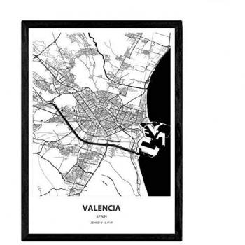 Póster Mapa de Valencia - España, Lámina en Color Negro con Mares y Ríos, Tamaño A3 Sin Marco