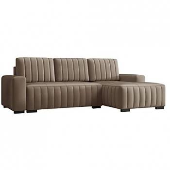 Sofá rinconero Columbus 154, marrón claro, con función de descanso y caja de ropa de cama, dimensiones 240x140x85cm