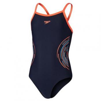 Bañador de Natación para Niña Speedo Plastisol Placement con Tirantes Finos y Espalda Musculosa, Color Rojo/Azul Marino, Talla 11-12 Años