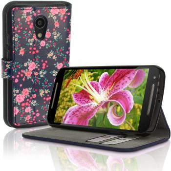igadgitz 'Designer Colección' Rosada Florales Diseño PU Cuero Funda Cartera Tapa Carcasa para Motorola Moto G 2 ª Generación 2014 XT1068