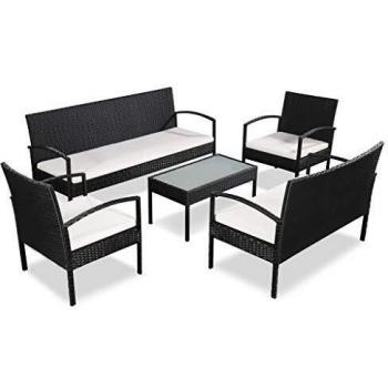 5-Piece Black Poly Rattan Garden Lounge Set with Cushions
