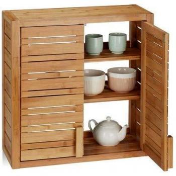 Armario de baño cuadrado de bambú marrón con dos puertas y estantes ajustables, 56,5x56x21 cm