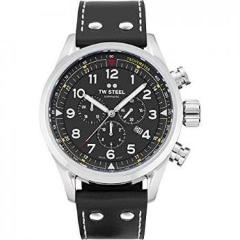 TW Steel Swiss Volante Mens 48mm Quartz Watch with Black Dial Black Leather Strap, and Date Calendar SVS202