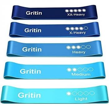 Gritin Bandas Elásticas Fitness/Bandas de Resistencia, Set de 5 Cintas Elásticas Fitness y Musculación de Látex Agradable a la Piel con Guía de Ejercicios de Español y Bolsa Almacenamiento