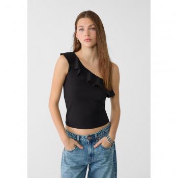 Asymmetric Ruffle Black T-shirt Size S