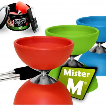 Mister M | Diábolo para Malabares con Varillas de Aluminio | Diábolo Rojo con Eje Fijo | Cuerda de Repuesto | con App y Video Tutorial para Aprender el Arte de los Malabares