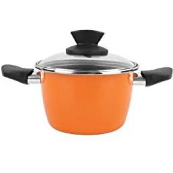 Olla Antiadherente de 16 cm con Tapa de Cristal para Todas las Cocinas - Esmalte Naranja y Fondo Inducción Total