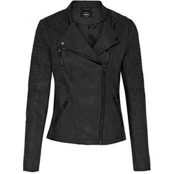 Only Onlava Faux Leather Biker Jacket for Women - Distressed Black, Size 42 EU (14 UK)