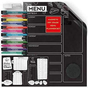 ARTEZA Pizarra magnética negra con planificador de comidas | 40,64 x 30,48 cm | Incluye tabla de medidas para cocina + 12 rotuladores finos de tiza líquida + 1 esponja de microfibra + 1 frasco difusor