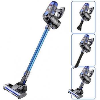 distianert Aspiradora Escoba sin Cable 15Kpa, 150W Escopa y de Mano Aspirador 4 in 1, Batería Extraíble, LED Cepillo Motorizado, Soporte de Pared para Pelos de Mascota Alfombra-Potenciar