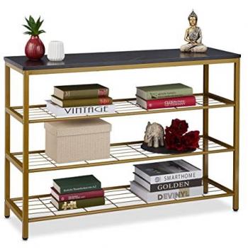 Consola Recibidor Efecto Mármol 70x101x30 cm, 4 Baldas, Mesa de Entrada Pasillo, Metal y MDF Dorado/Negro