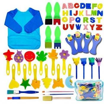 SPECOOL 56 Pcs Kits de Pinceles de Esponja, niños Gouache Craft Pinceles y Delantal Herramientas de Pintura, Acuarelas niños, Niños Pintura Temprana Artes DIY Artesanías