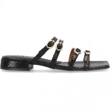 Alpe - Sandalias planas de mujer de piel pitón con puntera cuadrada, modelo 5144 en color negro