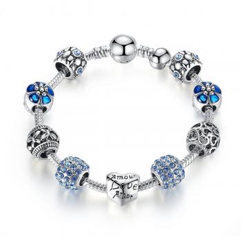Pulsera Charms de Mujer Plateado de Plata con Azul Abalorio Murano Cristal Regalo para Mujer Niña Cumpleaños 20 centimetre